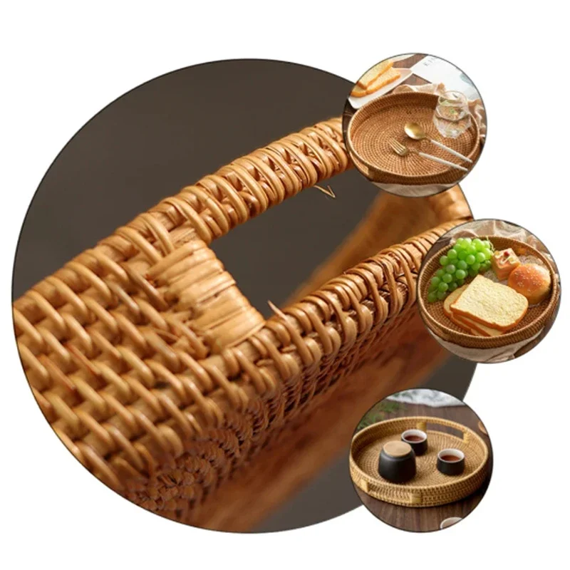 Eco Firendly Rattan Storage Tray Handwoven Wicker Basket Bread Snack Food Plate Fruit Cake Platter Dinner Serving Tray Tea Tray