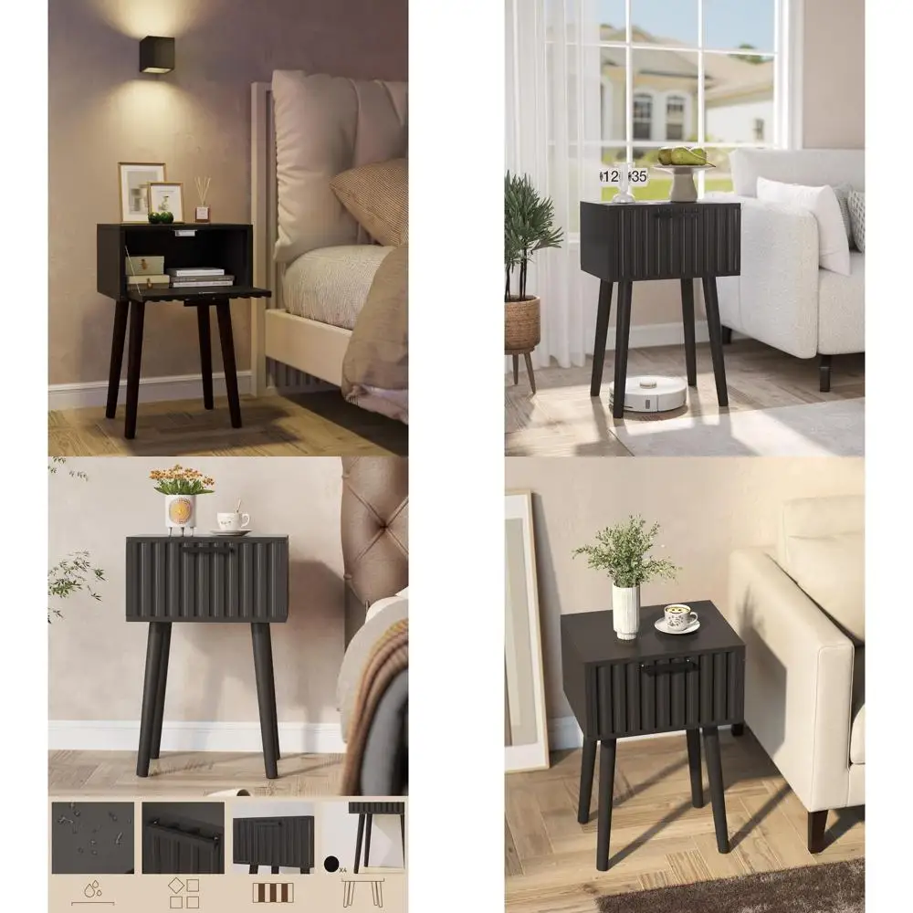 

Пара прикроватных тумбочек с рифленой отделкой, маленькие современные приставные столики с выдвижным ящиком, из массива дерева, подходят для спальни и небольших помещений, черные.