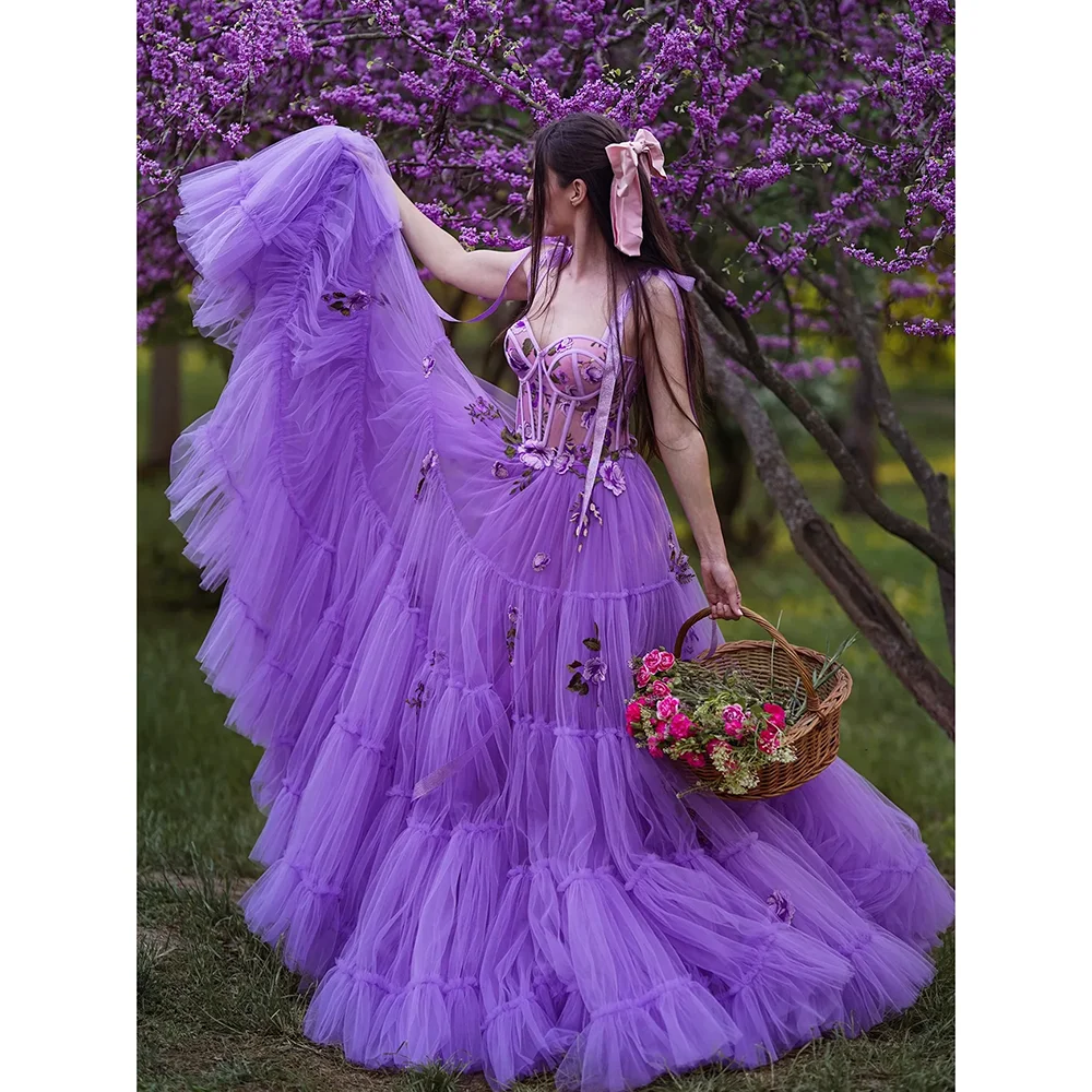 Lila Verstellbaren Trägern Gebunden Bogen Prom Kleid Schatz Tüll Kleid Layered Tüll Abendkleid A-Line Floral Kleid Spitze-Up zurück