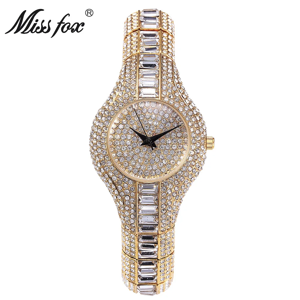 MISSFOX Baguette Diamond Women Watches Luxury Ladies Gold Wristwatch Shockproof Waterproof Small Womens Watch For Female Clock