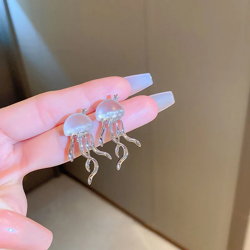 Personalized White Frosted Jellyfish Stud Earrings s925 Silver Needle Ocean Style Fashion Jewelry For Women Vacation image 3