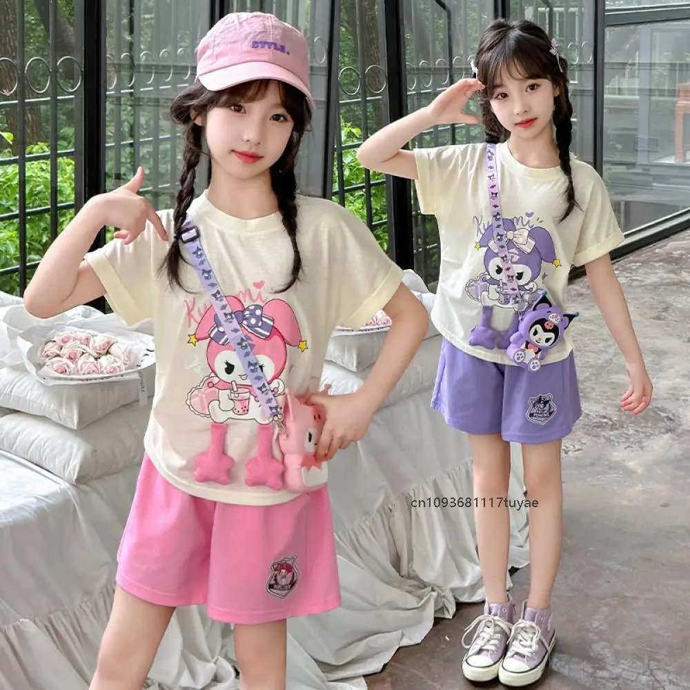 2Pcs Children' T-Shirt Set Kawaii Sanrio Kuromi Cartoon Cotton Embroidery Short Sleeve Shorts Casual Fashion Student Sweat Suit