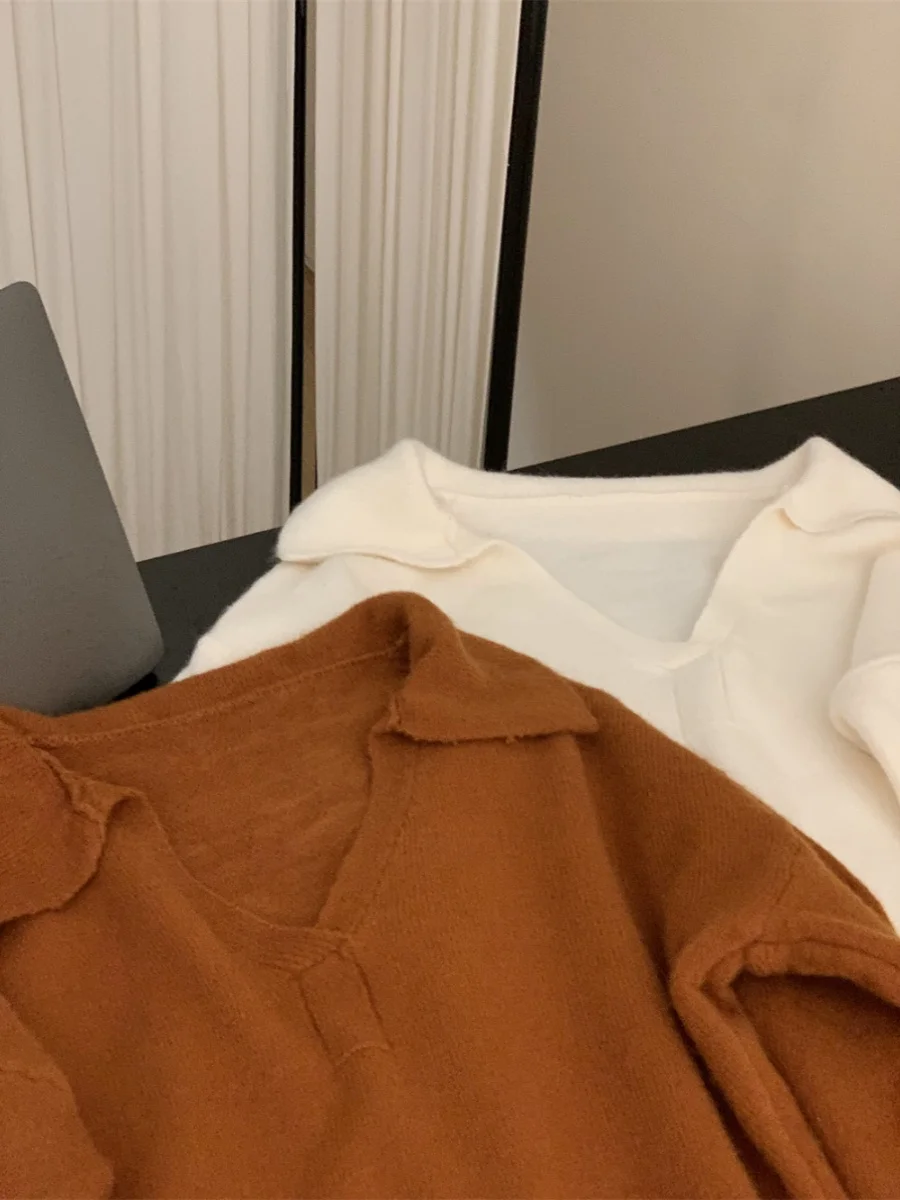 

Retro V-Ne Knitted Soft Sweater Elastic Hem Loose Fit Women's Faion Commute Sle Long Sve Straight Cut Knitwear