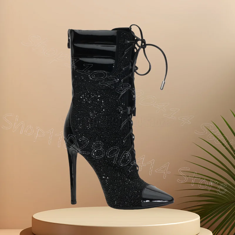 

Black Rhinestone Patent Leather Pointed Toe Boots Back Zipper Women Shoes Thin High Heels Party Dating 2025 Zapatos Para Mujere