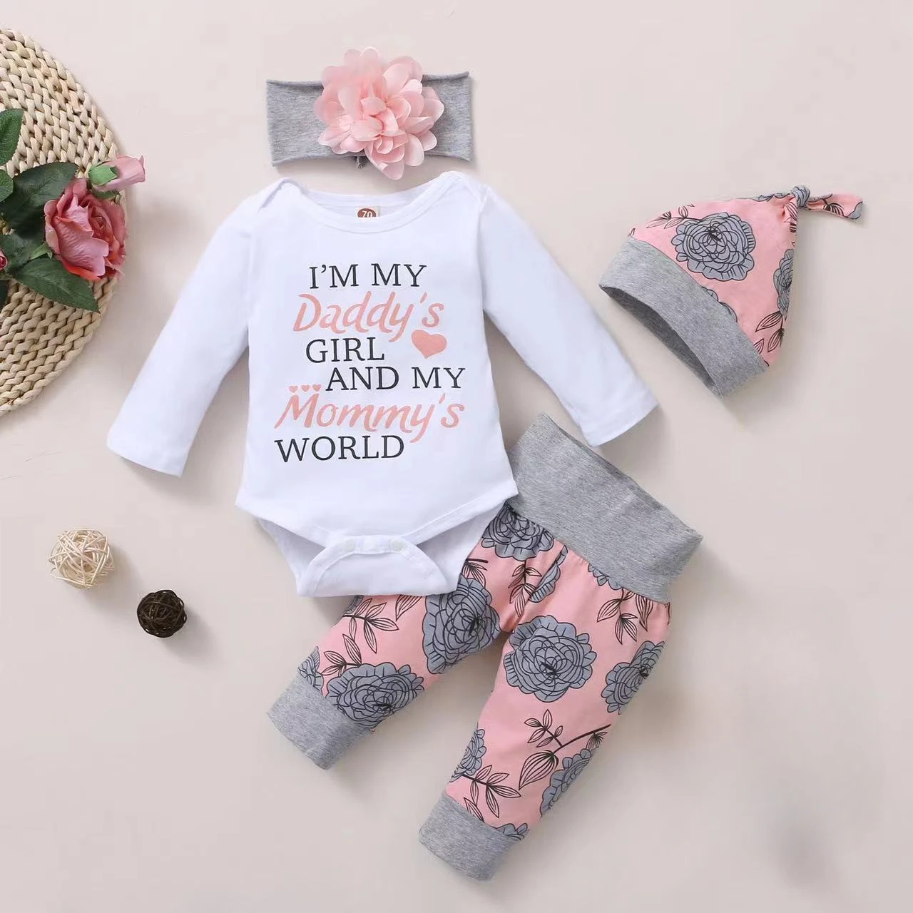 Baby Girl Clothes Set Newborn Outfit 3 6 9 12 Months Infant Girls Clothing Romper Print Pants Hairband Hat Baby 18 - 24 M