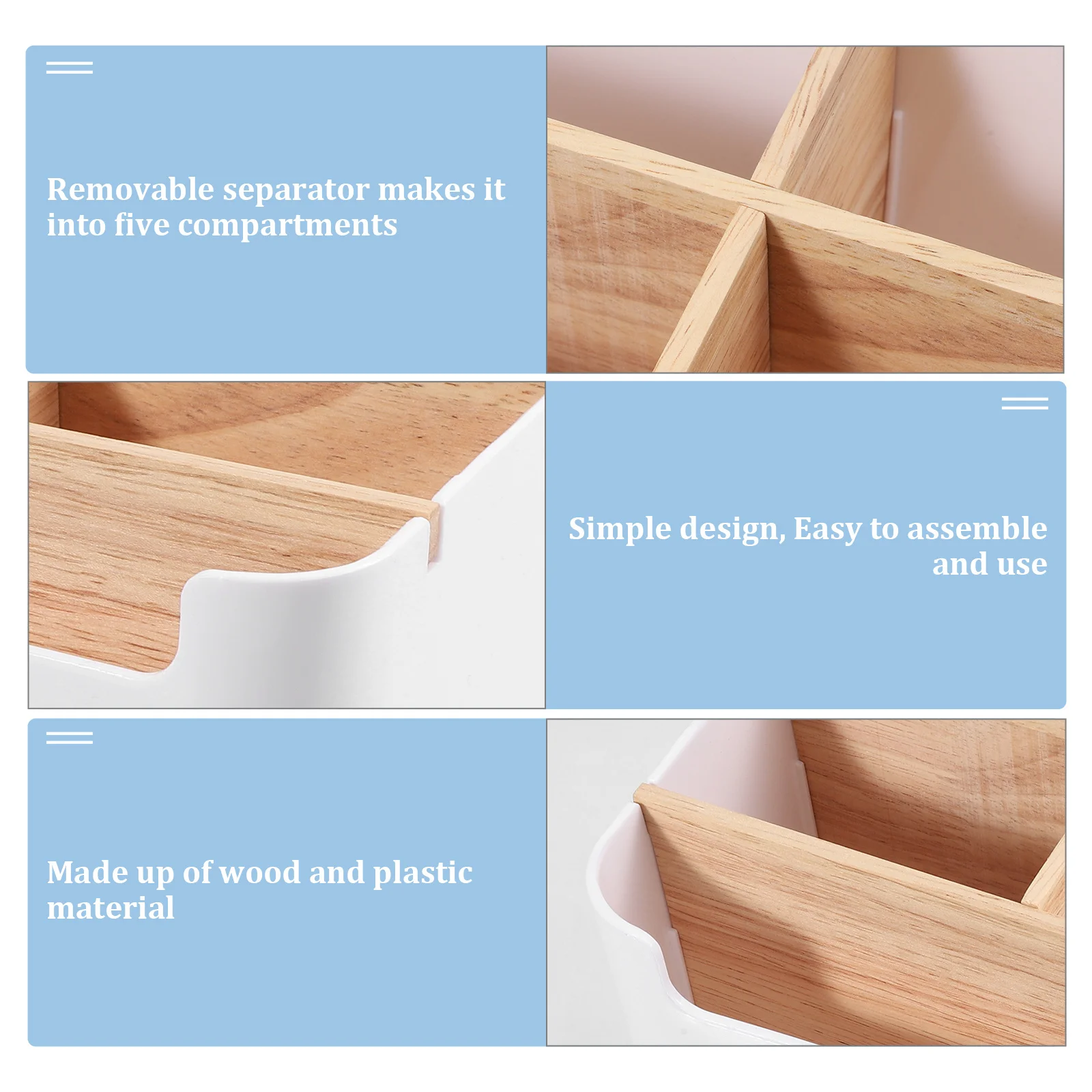 Caixa de mesa com 5 compartimentos, material plástico e madeira, armazenamento de mesa leve para escritório doméstico, suporte de papelaria, organizador de mesa