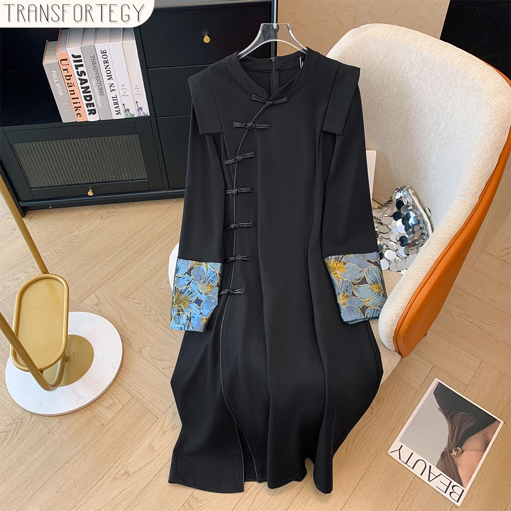 

Autumn plus size women's casual Chinese dress Black mid-length loose comfortable commuter dress button decoration Qipao slit hem