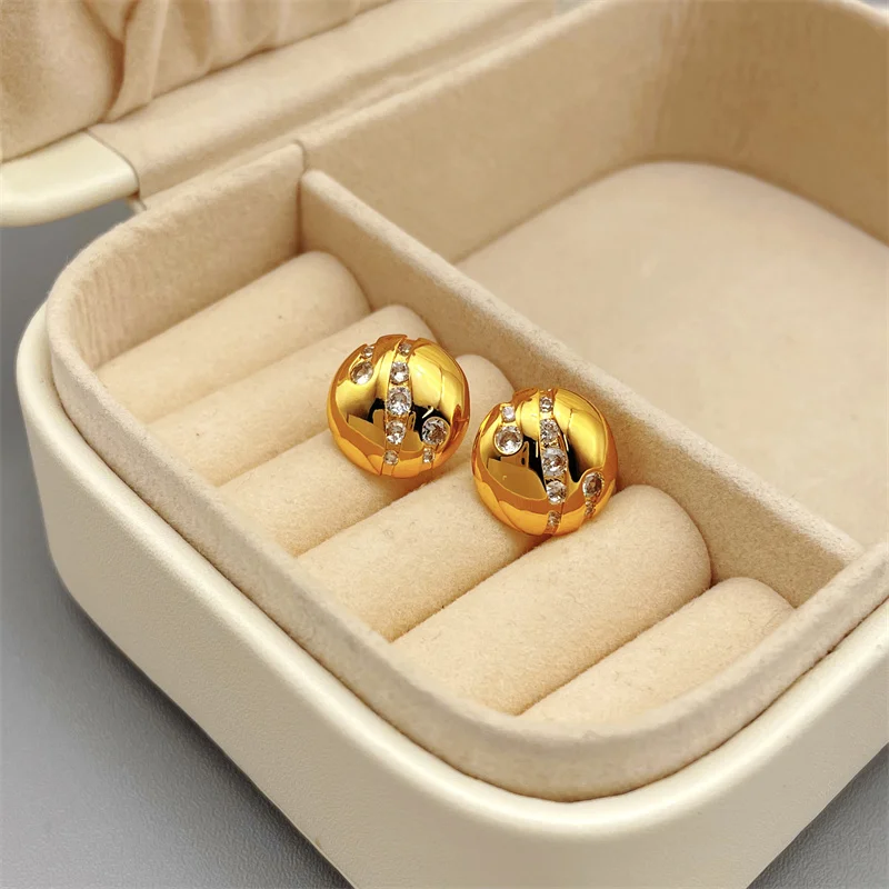 European And American Retro Ins Style Hemisphere Shape Inlaid Zircon Earrings For Women Simple Fashion Earrings Plating 18k Gold