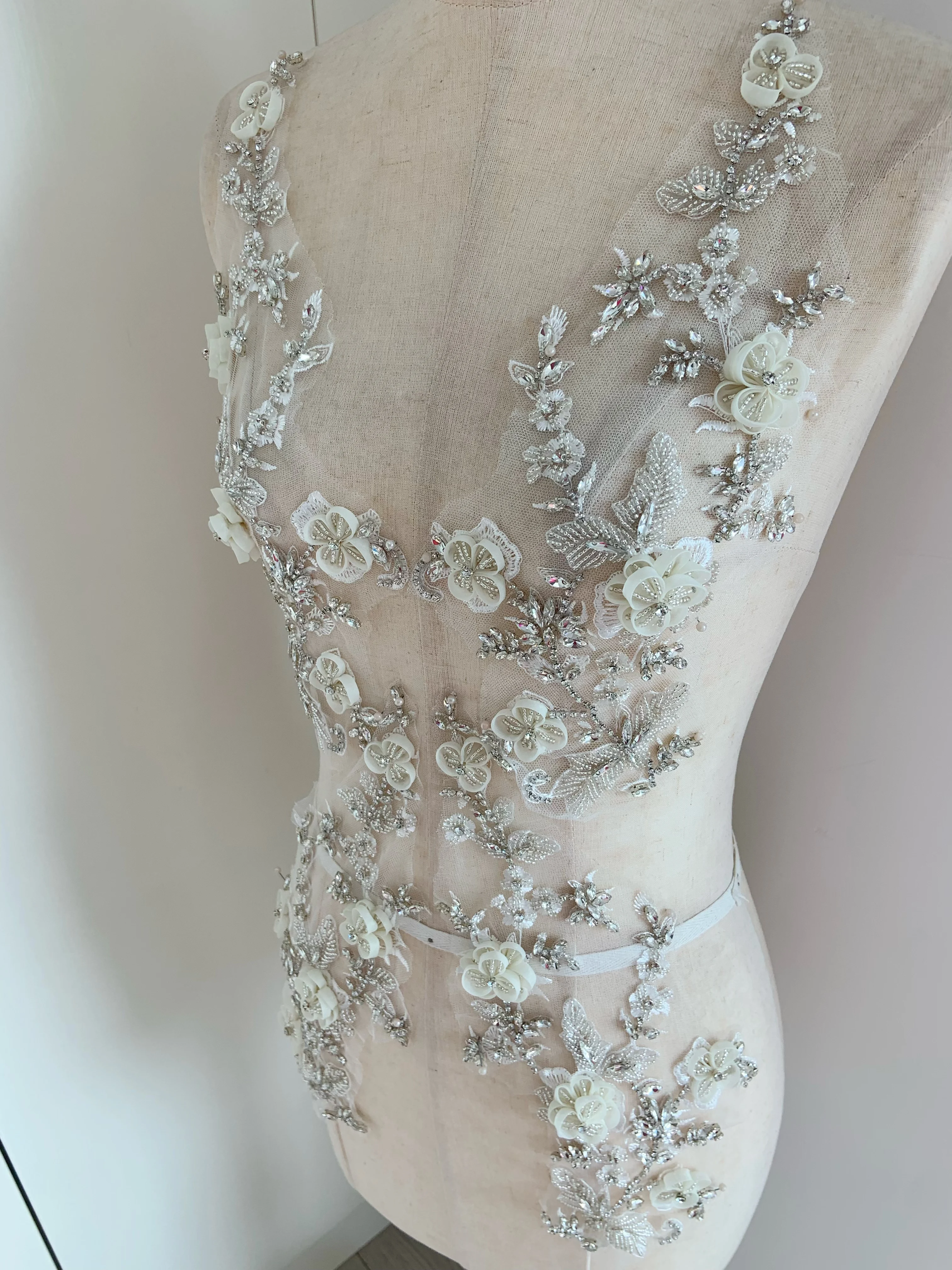 Off White Rhinestone Applique with 3D Flowers For Haute Couture Bodice Patch Sewing Wedding Motif view 4