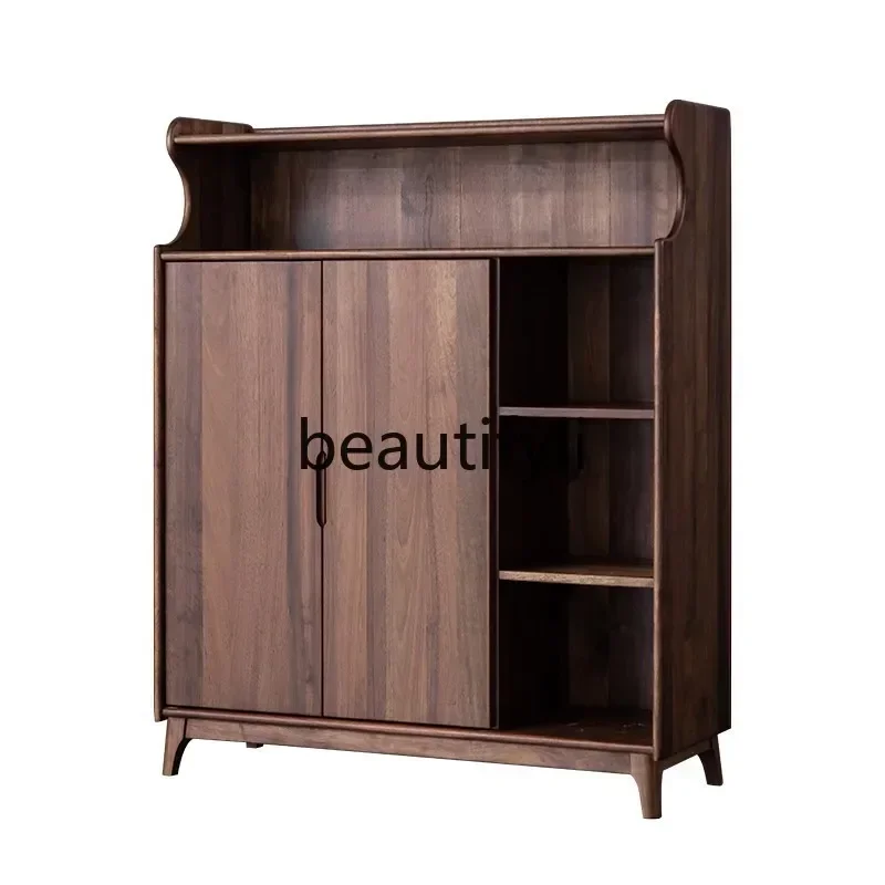 32Nordic log black walnut shoe cabinet cherry wood two doors storage living room entrance cabinet
