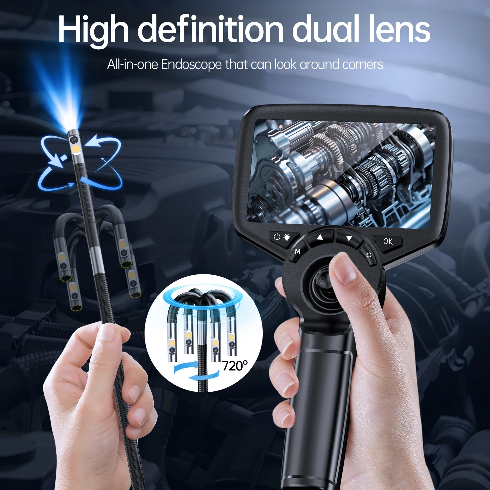 720° Articulating Borescope 6mm dual-lens 1.5M IP67 Waterproof Probe 4Ways IPS Automotive Endoscope Inspection Camera car engine
