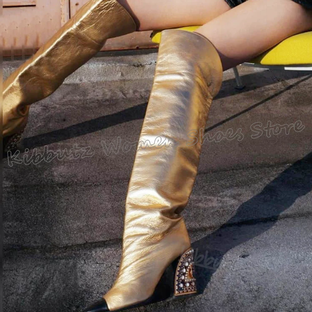 

Knee High Boots Crystal Glossy Heels Round Toe Slip-On Solid Color Spicy Girls Shoes Fashion Elegant Luxury Comfortable Sexy New