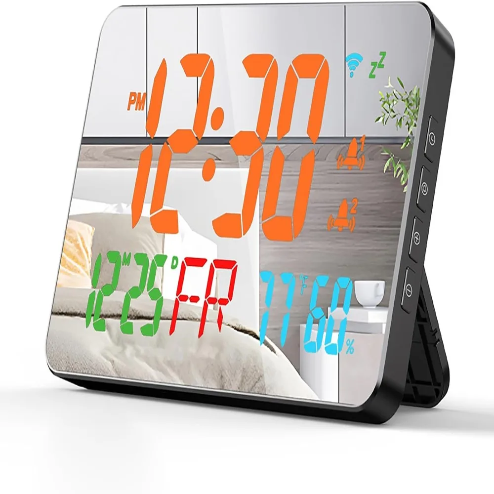 Automatic Time Sync Digital Alarm Clock Temperature Humidity Monitoring Snooze Function WiFi Clock Wall Mountable Dual Alarm
