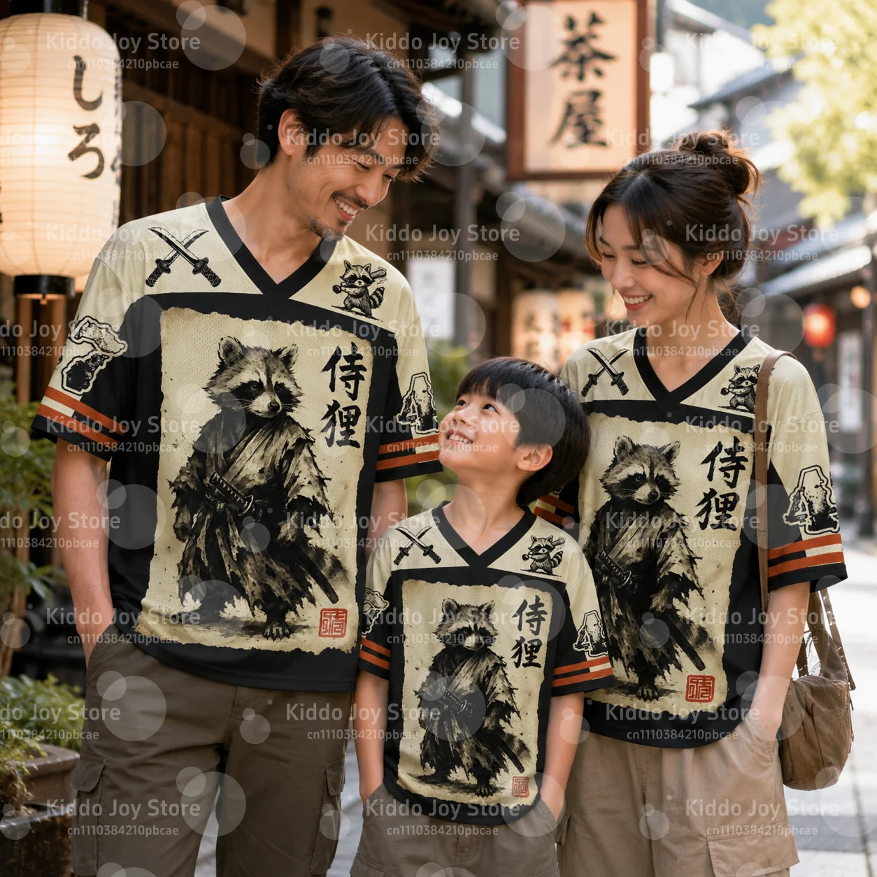 Harajuku Retro Feng Shui Ink-wash Warrior Print Sport Quick-dry Breath V-Neck T-shirt Streetwear Parent-child Pullover Clothing