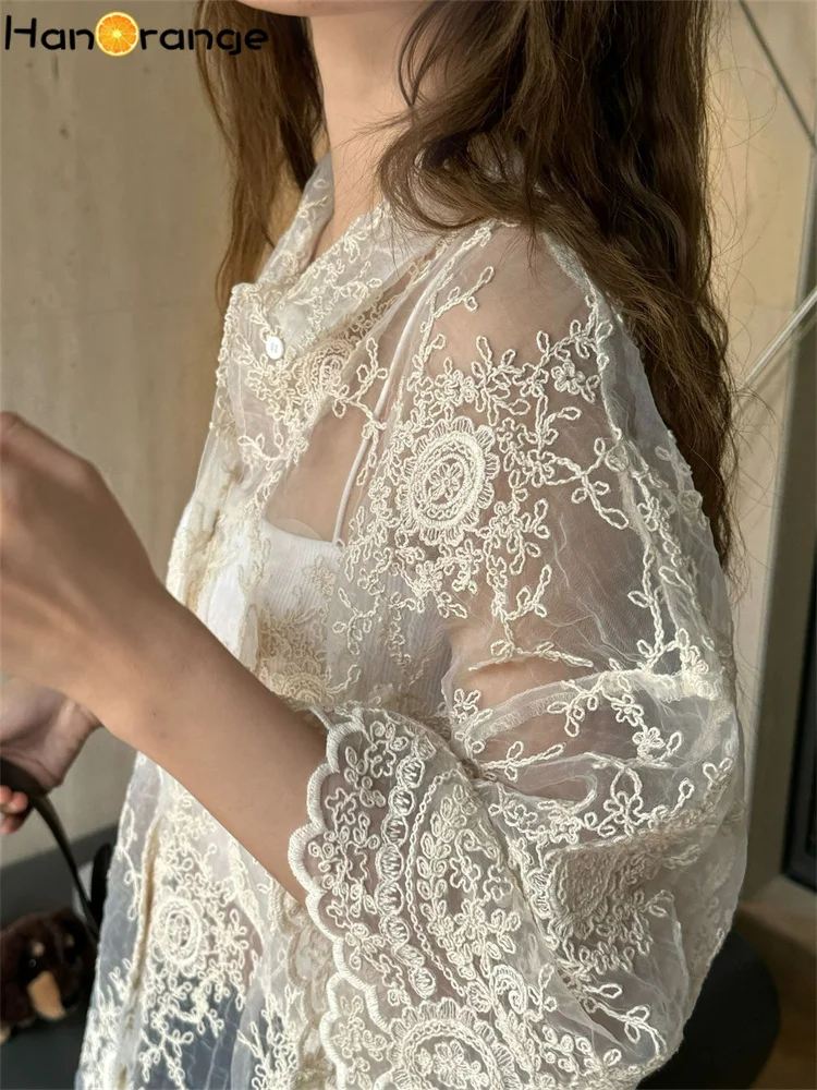 HanOrange 2024 Summer Retro Hollow Lace Short Sleeve Shirt Women Lightweight Breathable Loose Single Breasted Top Beige