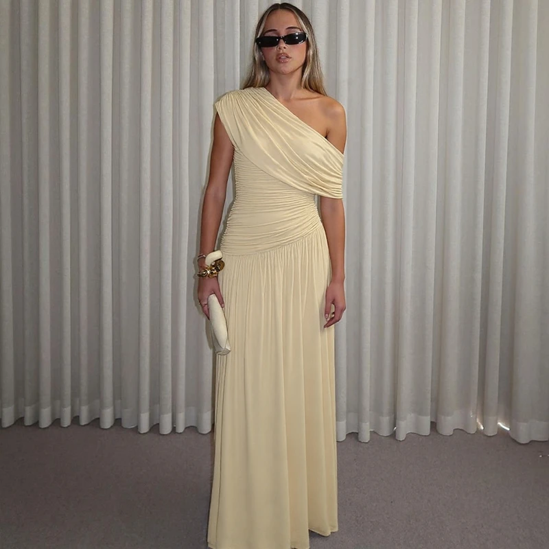 Hugcitar One Shoulder Ruched Sleeveless Solid Pleated Sexy Irregular Y2K Maxi Dress Summer Elegant Party Women Clothes Vacation