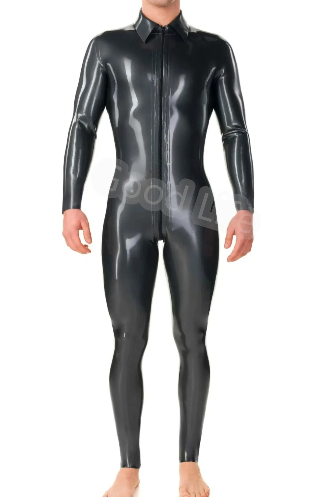 Sexy Handmade Latex Man Catsuit Zentai Cekc Fetish Bodysuits Fold Collar With Front to Crotch Zipper