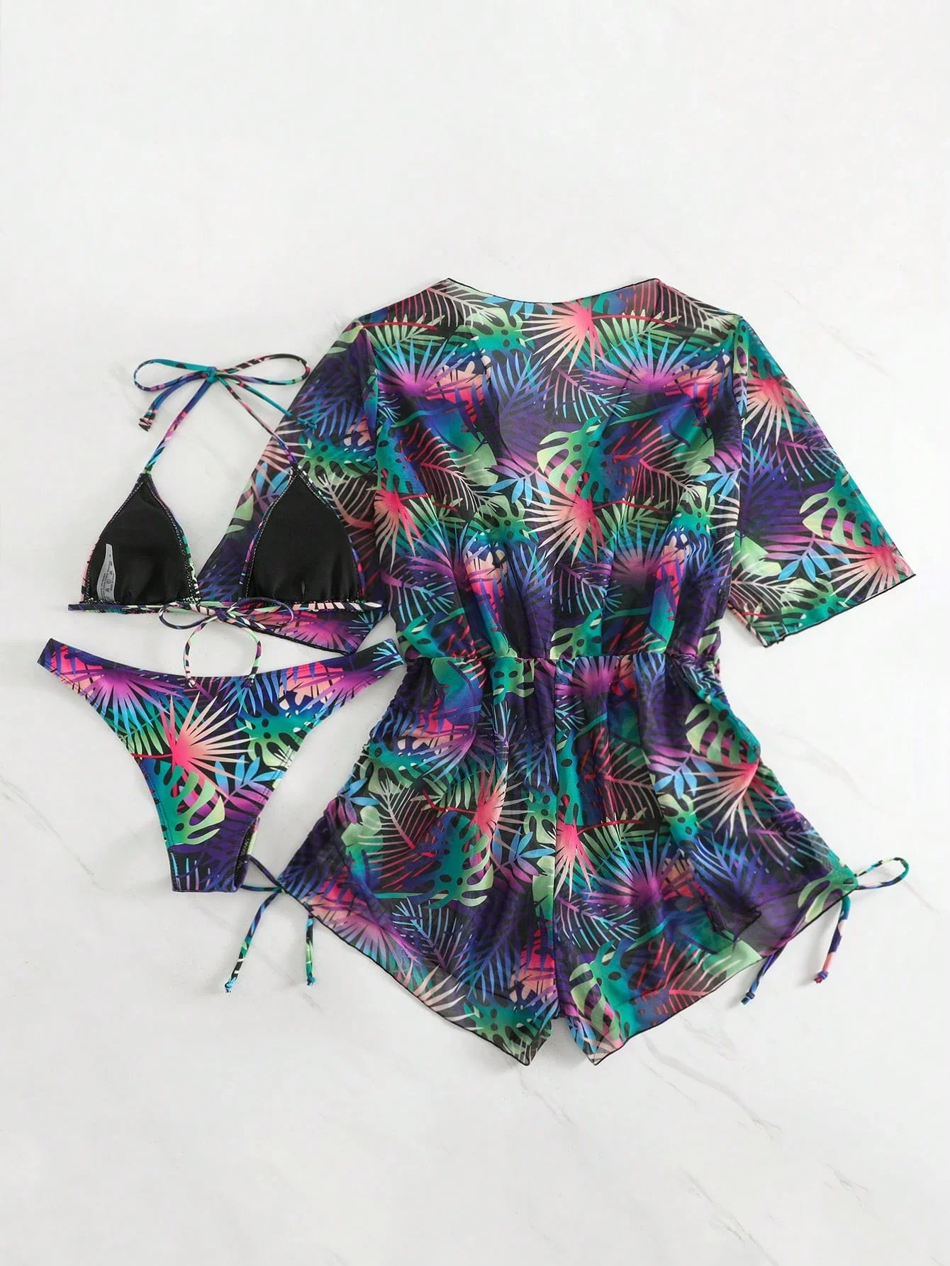 

3pcs Women Tropical Plant Print Halter Bikini Set With Removable Sarong Cover Up