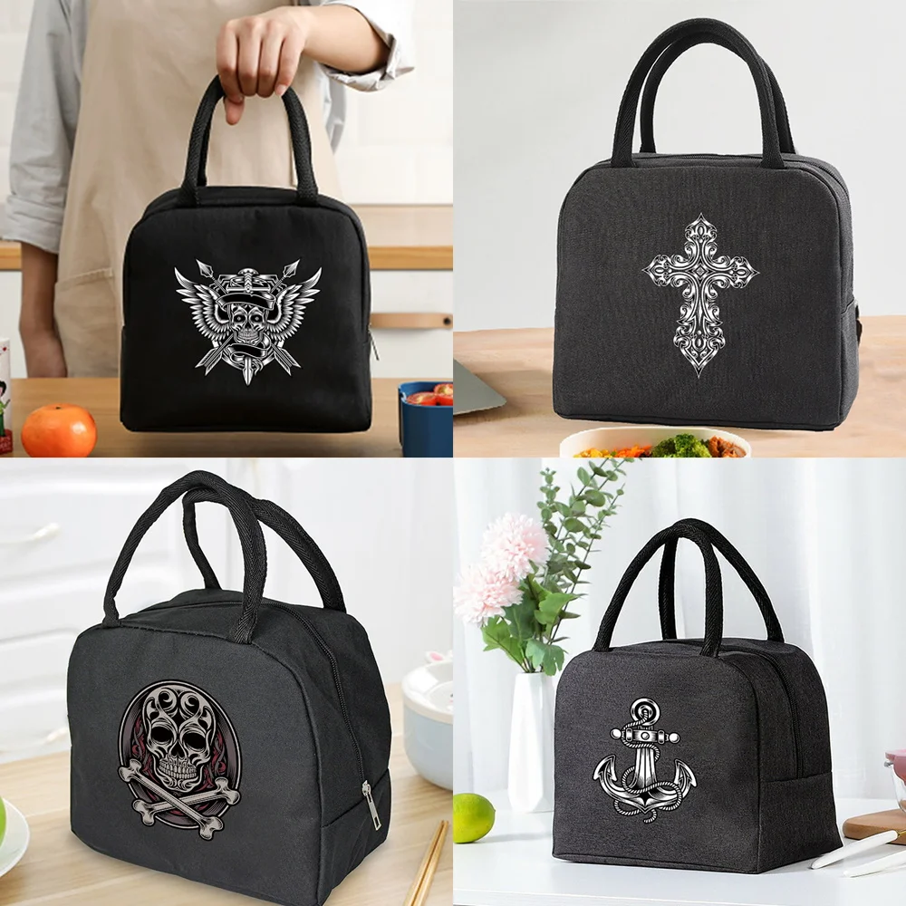 Lunch Bag Cooler Tote Portable Insulated Zipper Thermal Canvas Bag Food Picnic Unisex Travel Lunchbox Organizer Bags Skull Print