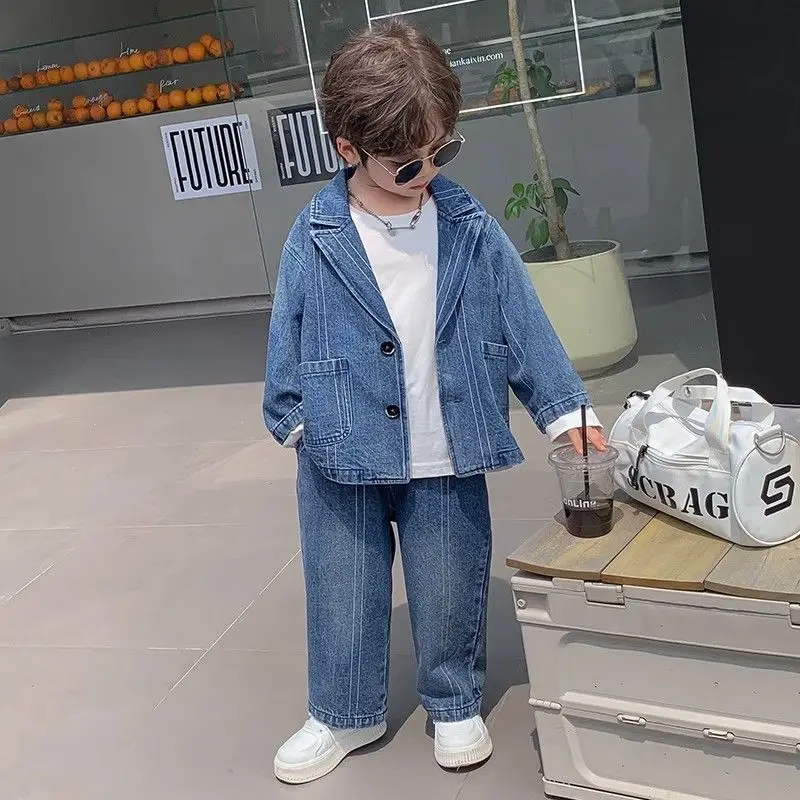 

Baby Boys Denim Children Denim Coat Spring Autumn Kids Fashion Jean Coat casual Gentleman Blue Jacket+Pants Suits Set Streetwear