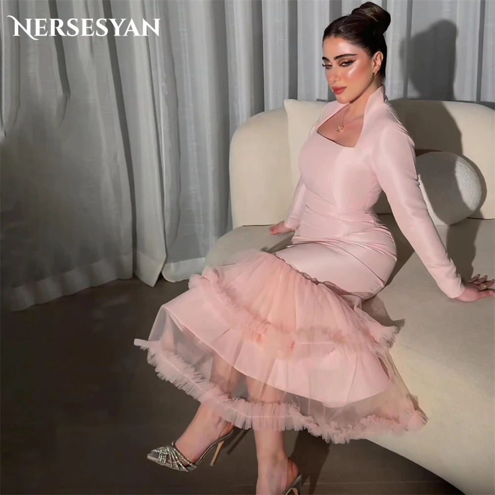 

Nersesyan Dubai Pink Formal Evening Dresses Mermaid Long Sleeves Ankle Length Prom Dress فساتين السهرة Celebrity Party Gowns