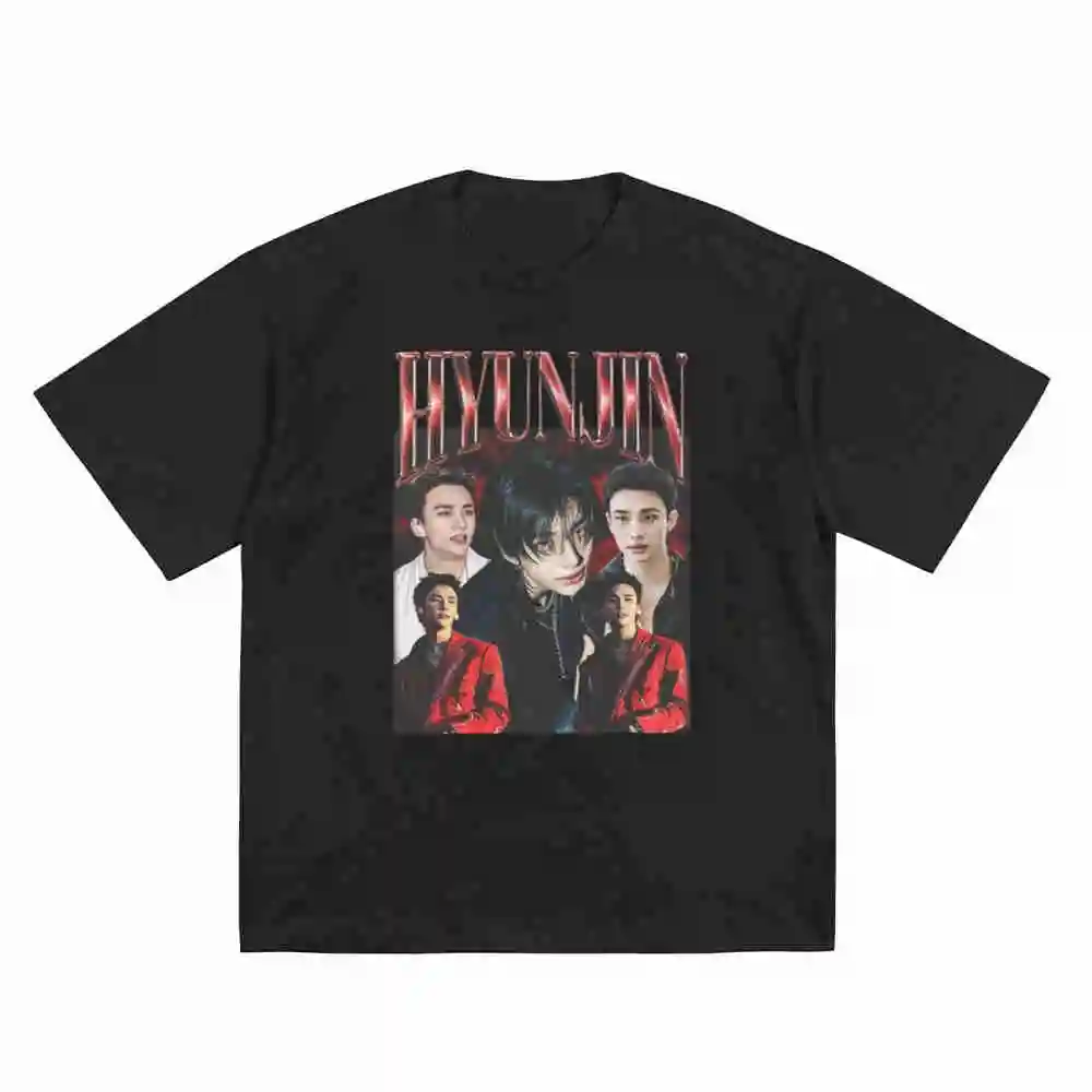 Hyunjin Kpop Concert 2025 World Group Portraits Red Black Short Sleeve Tee 100% Cotton T-Shirt
