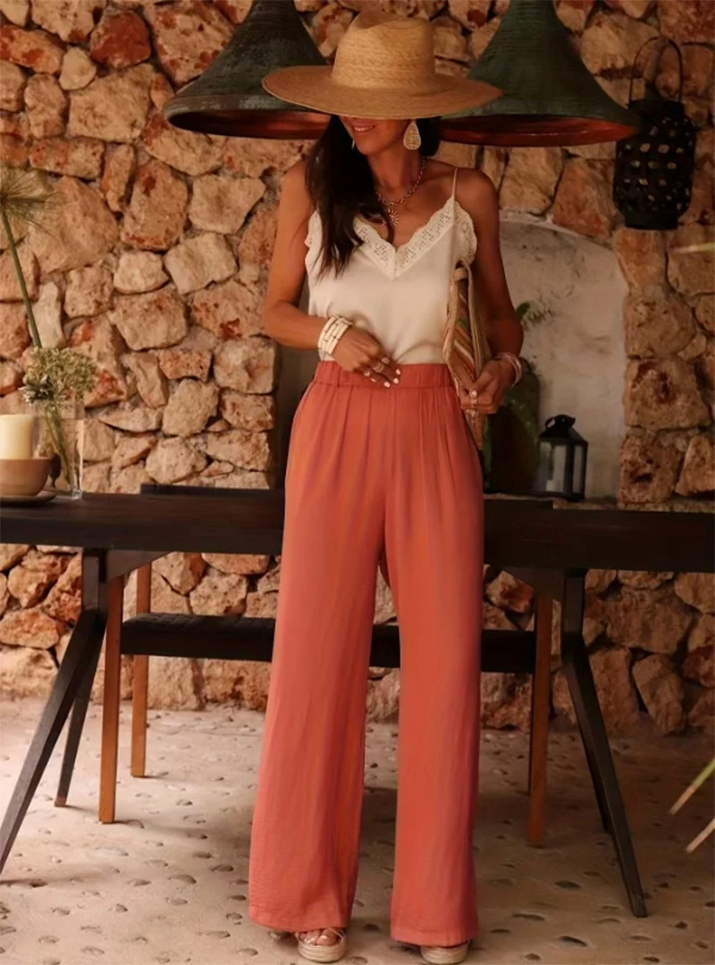 

Women's High Waist Paperbag Waist Textured Wide Leg Pants Loose Fit Full Length Casual Summer Beach Palazzo Trousers