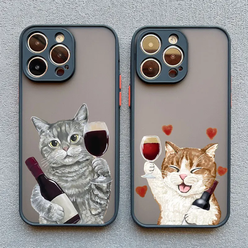 Cute Happy Cat Goblet Red Wine Phone Case For iPhone 15 14 13 Pro Max 16 13 12 11 Pro Max Mini 7 8 15 14 Plus X XS XR Back Cover