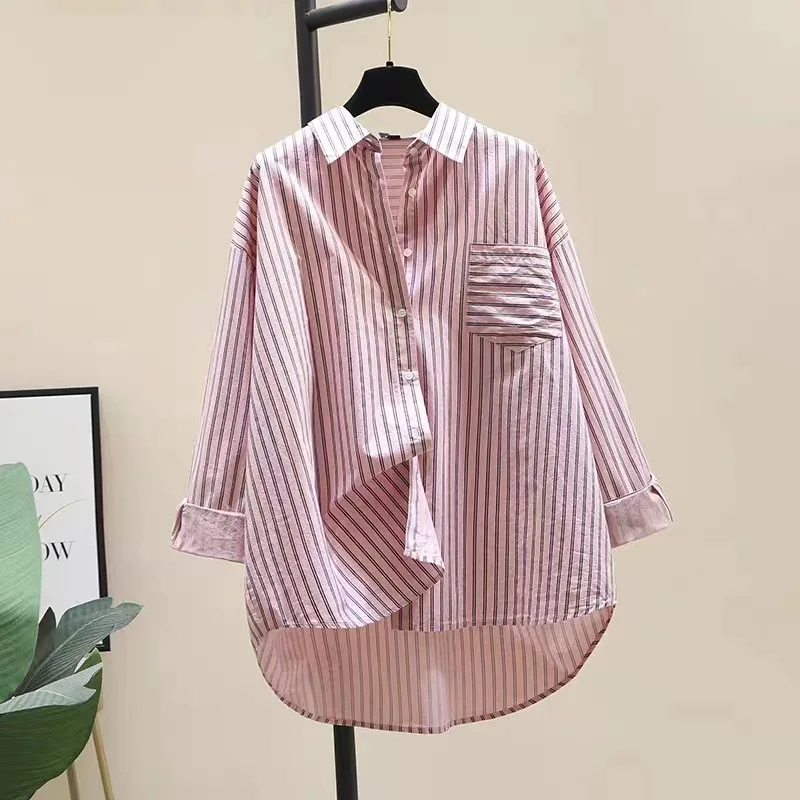 

Long Single-pocket Striped Shirt Women's Spring New Design Sense Korean Version of Loose Casual Simple Long-sleeved Shirt Tops