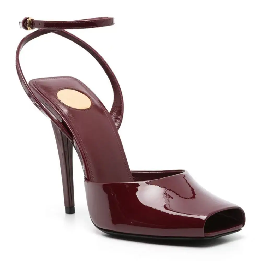 2026 New Square Toe Small Fish Mouth Straight Buckle with Slim High-heeled Fashion Patent Leather Sandals with Straps for Women