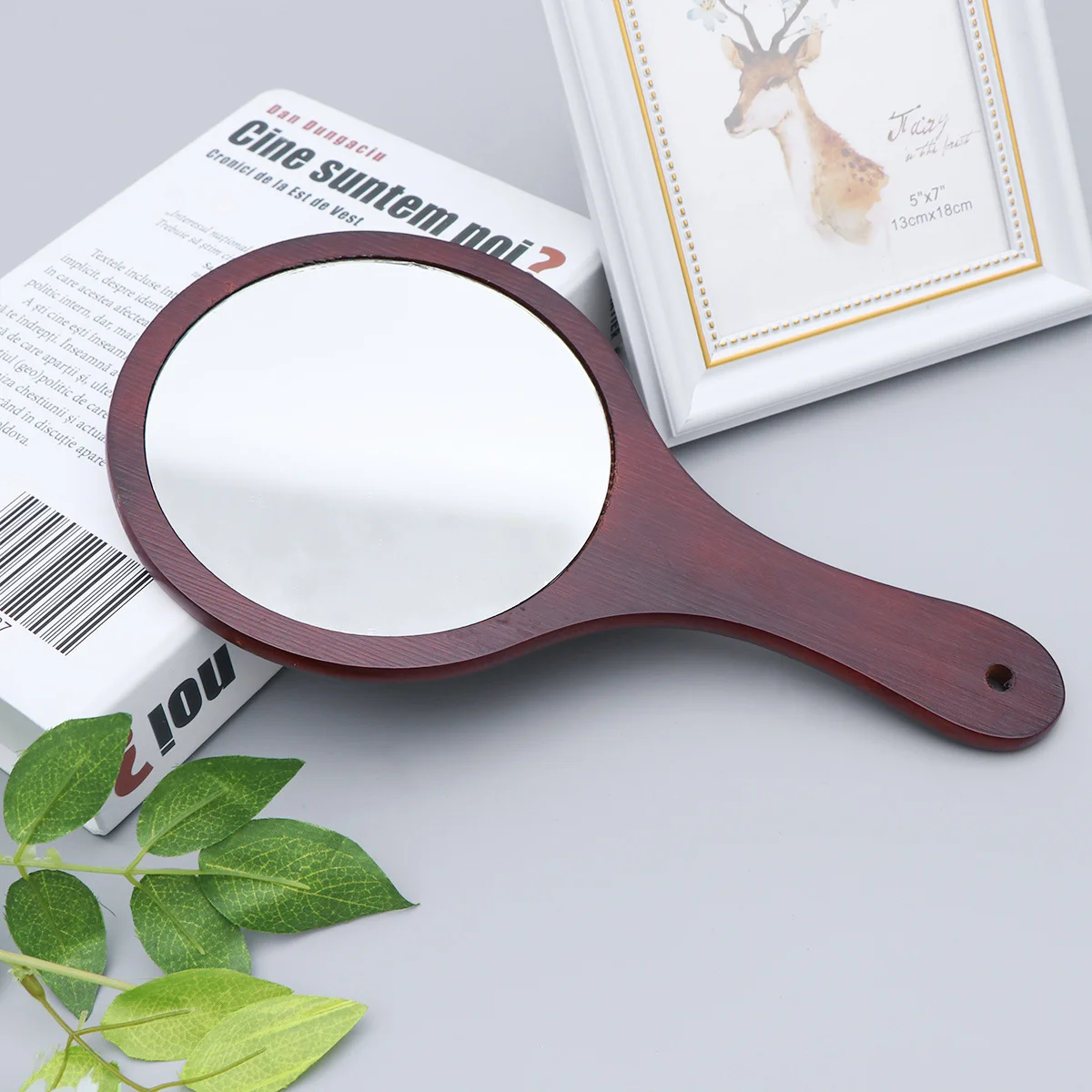 1 قطعة مرآة ماكياج المحمولة إطار خشبي يده مرآة معلقة على الحائط انعكاس واضح كبير للنساء #2