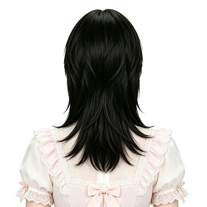 45cm Black Mullet Wigs For Women Natural Layered Wolf Cut Medium Length Synthetic Heat Resistant Wig Daily Cosplay Party Wear