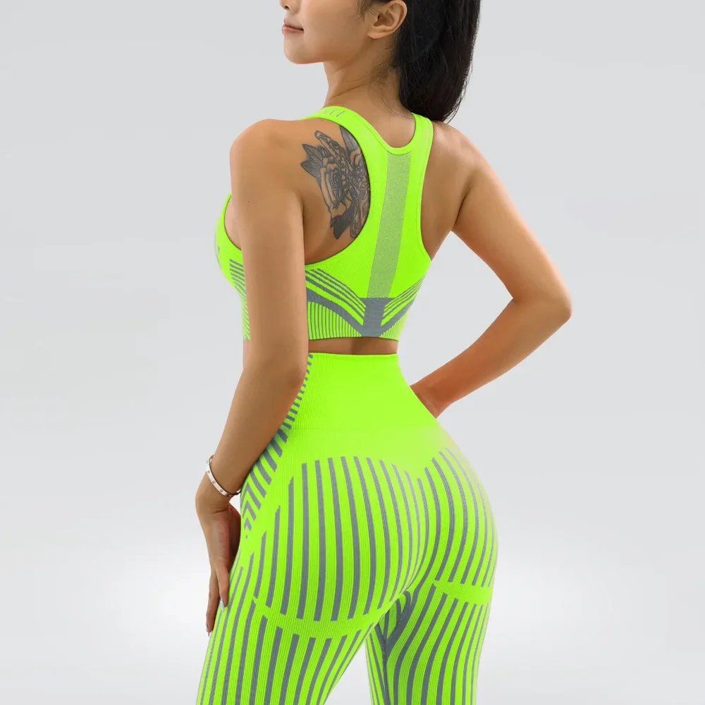 2 pçs sem costura conjunto de yoga neon verde listrado colete colheita superior com cintura alta leggings ternos esportivos fitness treino ginásio roupas