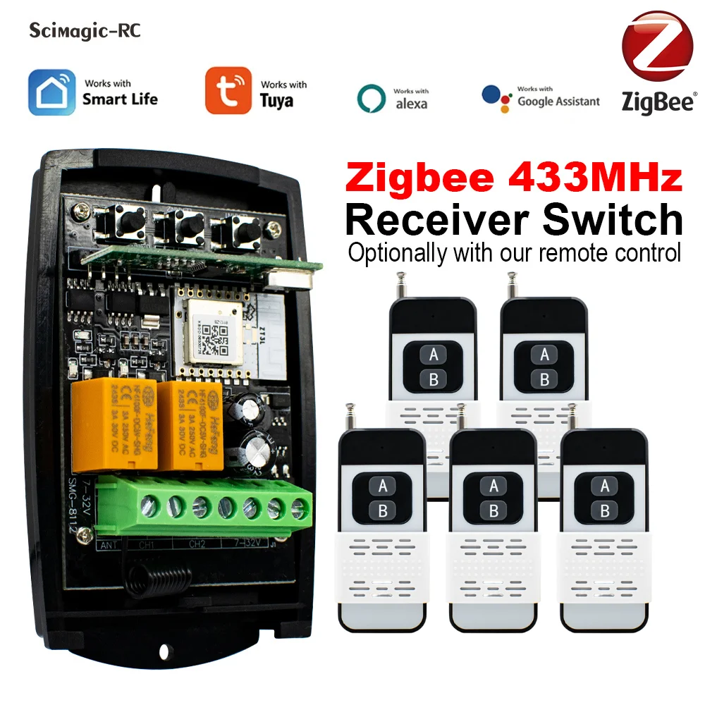

ZIGBEE Tuya 2 Channel Smart Remote Control External Receiver 12V 24V 220V Garage Door Controller with 1PC-5PCS Transmitter