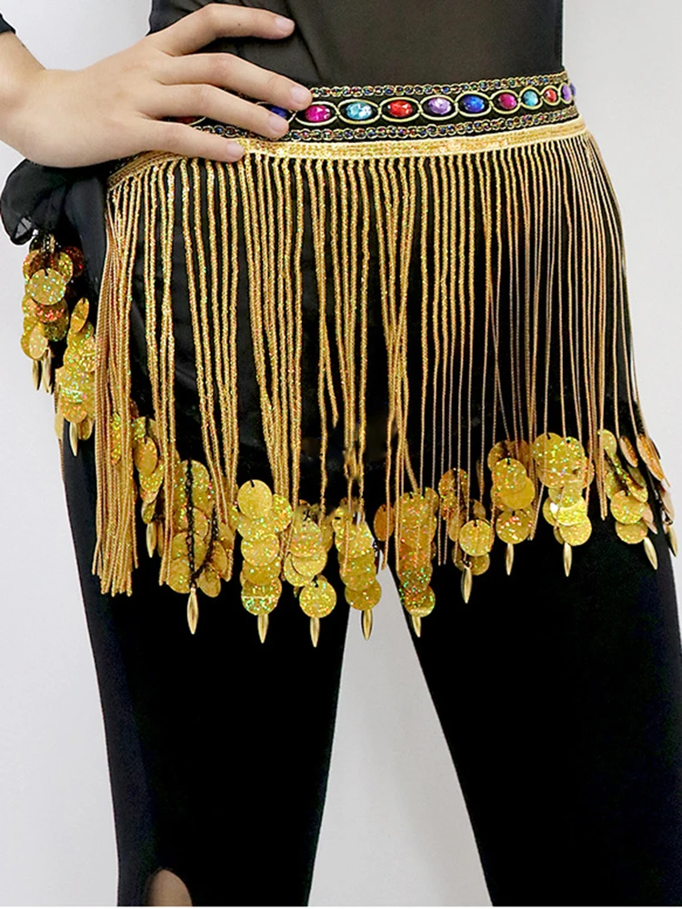 Women Belly Dance Accessories Teardrop Paillettes Coloured Diamond Fringe Wrap Bohemia Belts Coins Hip Scarf with Beads Tassels