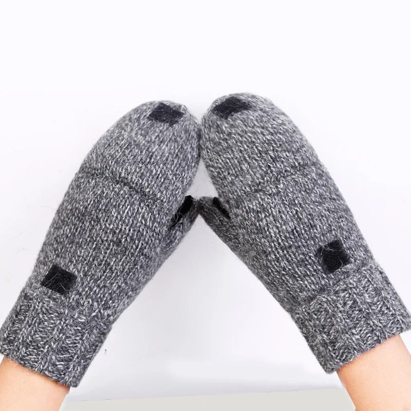 

Wool knitted gloves half finger flip men and women winter wool plus velvet thickened leather riding warm