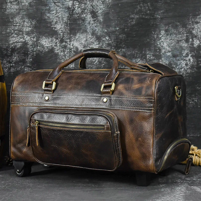 

New men's leather trolley case retro cowhide travel bag large capacity suitcase business travel bag