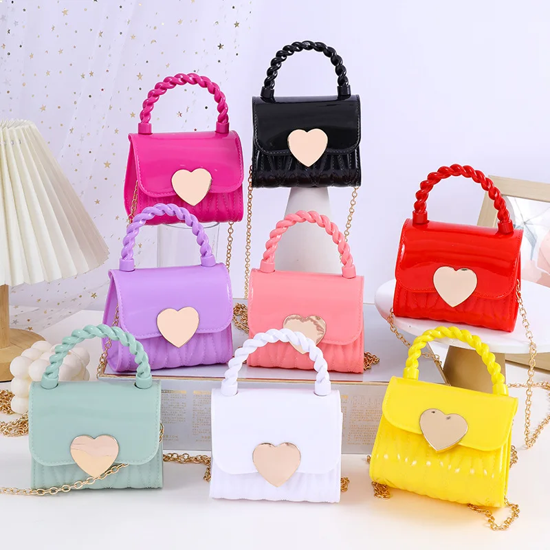 Kids PVC Crossbody Coin Purse Child Fashion Mini Handbags Lovely Heart Pattern Decoration Handbag Small Chain Jelly Bag For Girl