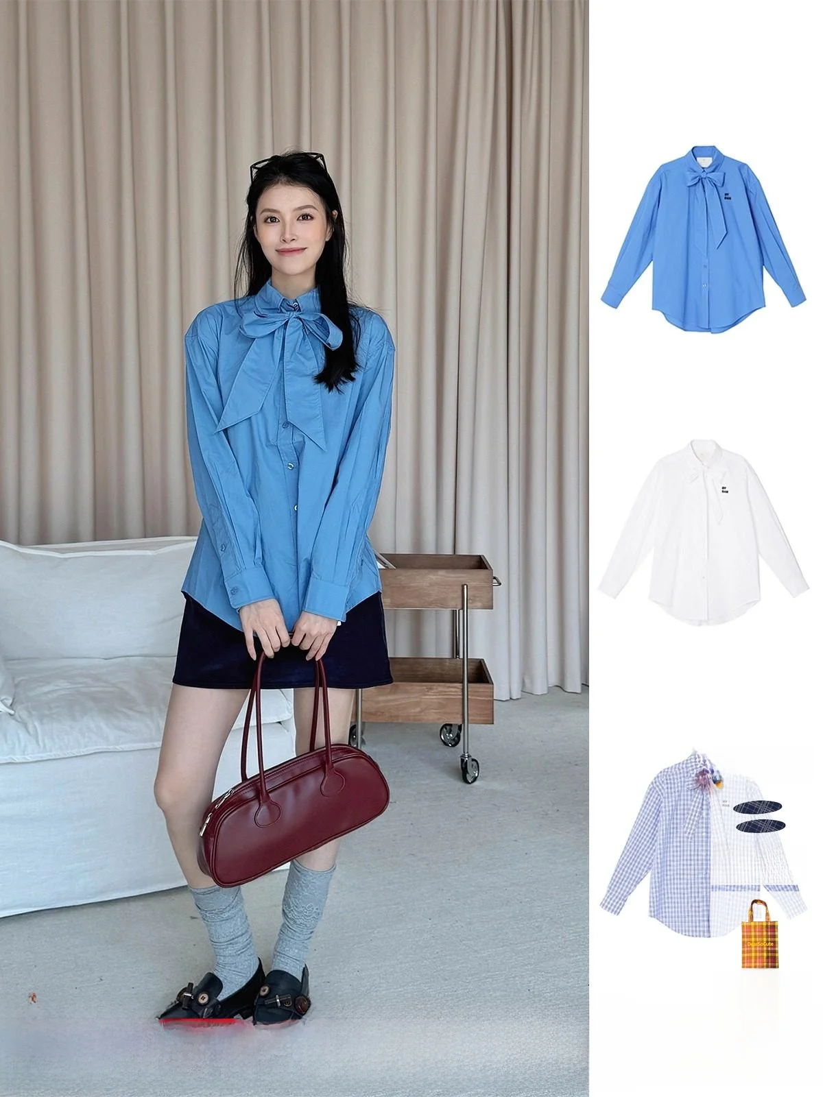 

Женская хлопковая рубашка Cisou by Dan Pure Color с длинным рукавом, в клетку, с галстуком, повседневная, из Китая