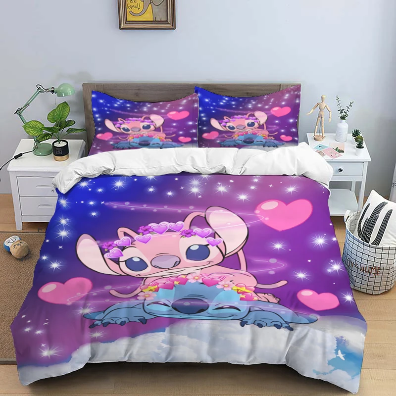 Disney Cartoon Cute Stitch drukuj trzyczęściowy zestaw pościeli z poszewką na poduszkę dla dzieci lub dorosłych King Queen Full Twin Size