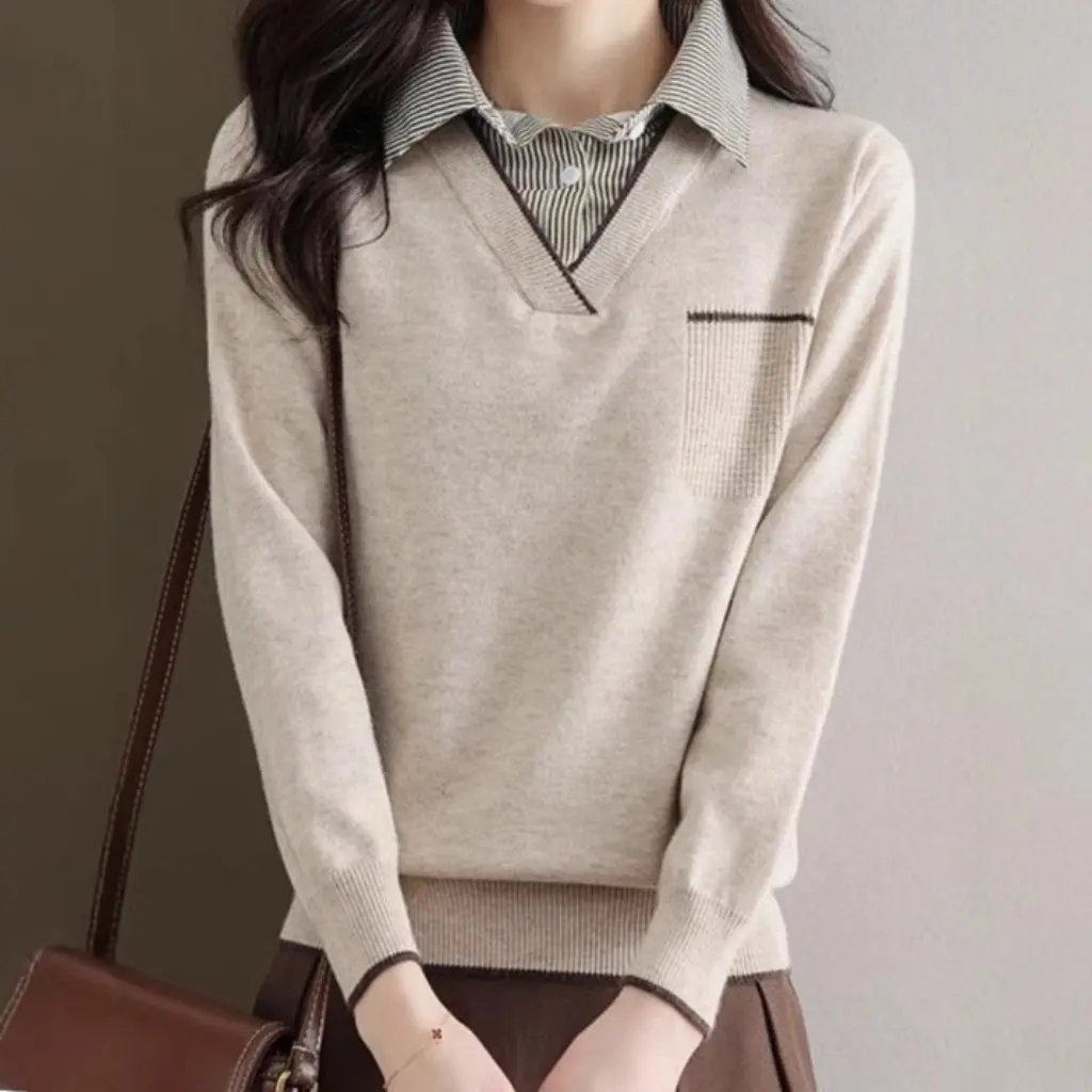 

High-End European-Style Striped Sweater with Fake Two-Piece Collar Autumn Fashion Women's Open Cardigan Top Trendy