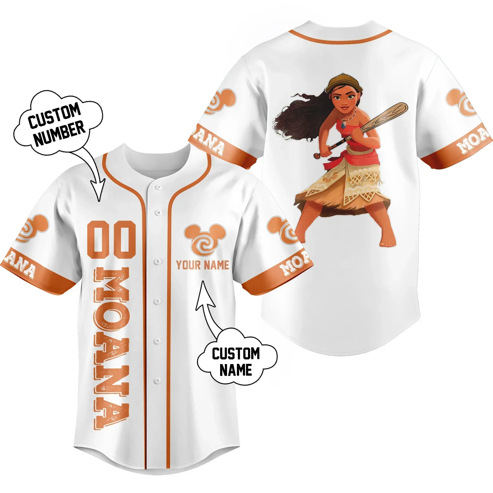 

Disney Moana Princess Baseball Jersey Outdoor Sports Style Casual Jersey Men's and Women's Personalized Disney Baseball Shirt