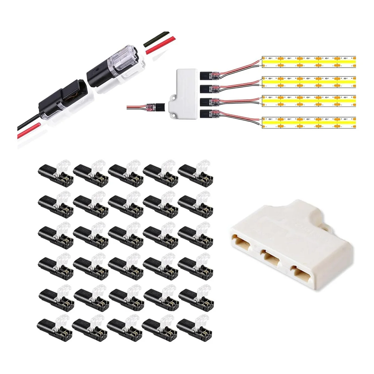 30Pack Double - Wire Plug-in Connector, Pluggable 2/3/4 Pin 3 Way LED Wire Connectors Low Voltage Wire Connectors