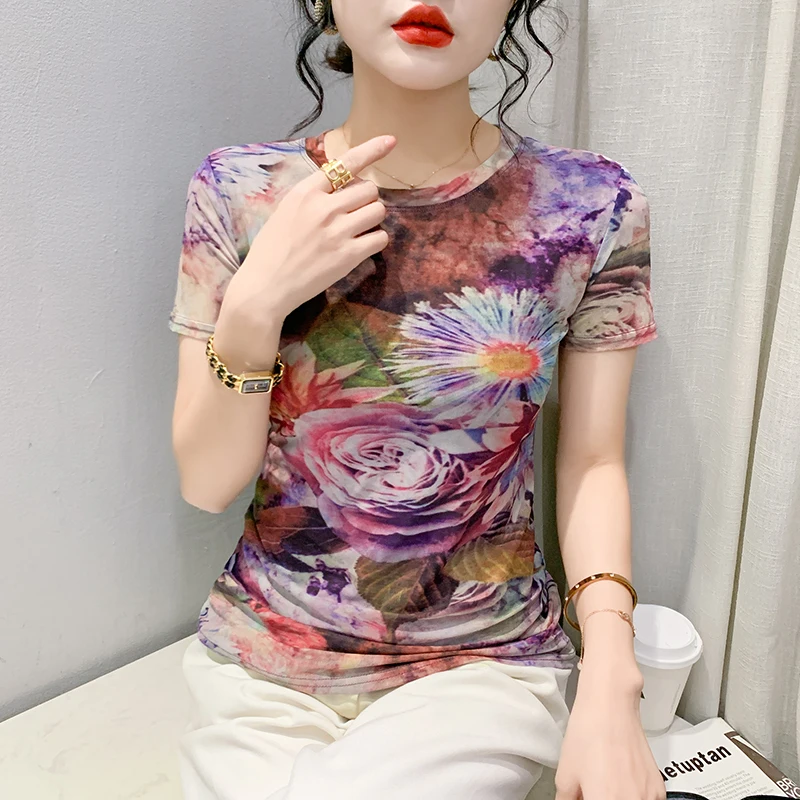 

Женская Сетчатая футболка с коротким рукавом, облегающий топ с цветочным принтом и круглым вырезом, винтажная нижняя одежда, лето 2023