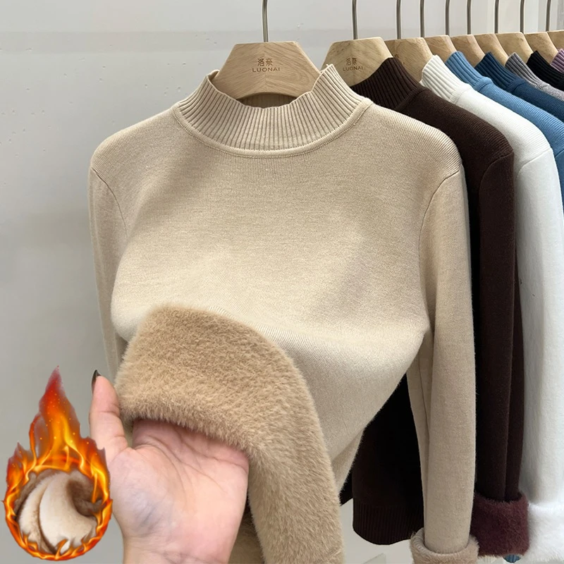 

Solid Slim Versatile Jumper Women's Winter 2025 Turtleneck Sweater Women Elegant Thicken Velvet Lined Warm Knitted Pullover