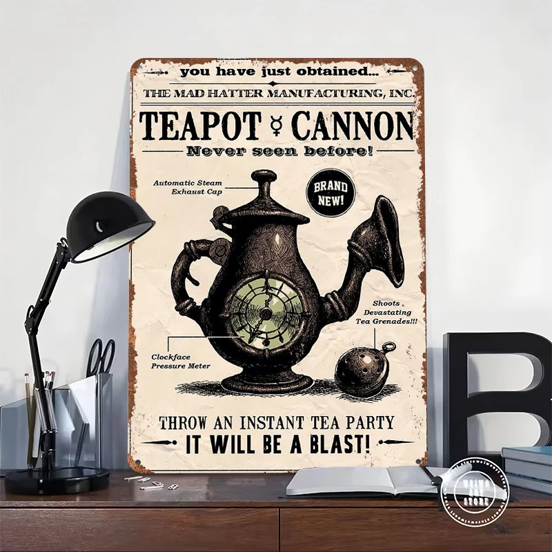 Alice Madness TeapotCannon Metal Poster Customized Wall Art Retro Vintage Tinplate Signs for Man Cave Garage Decoration Gaming