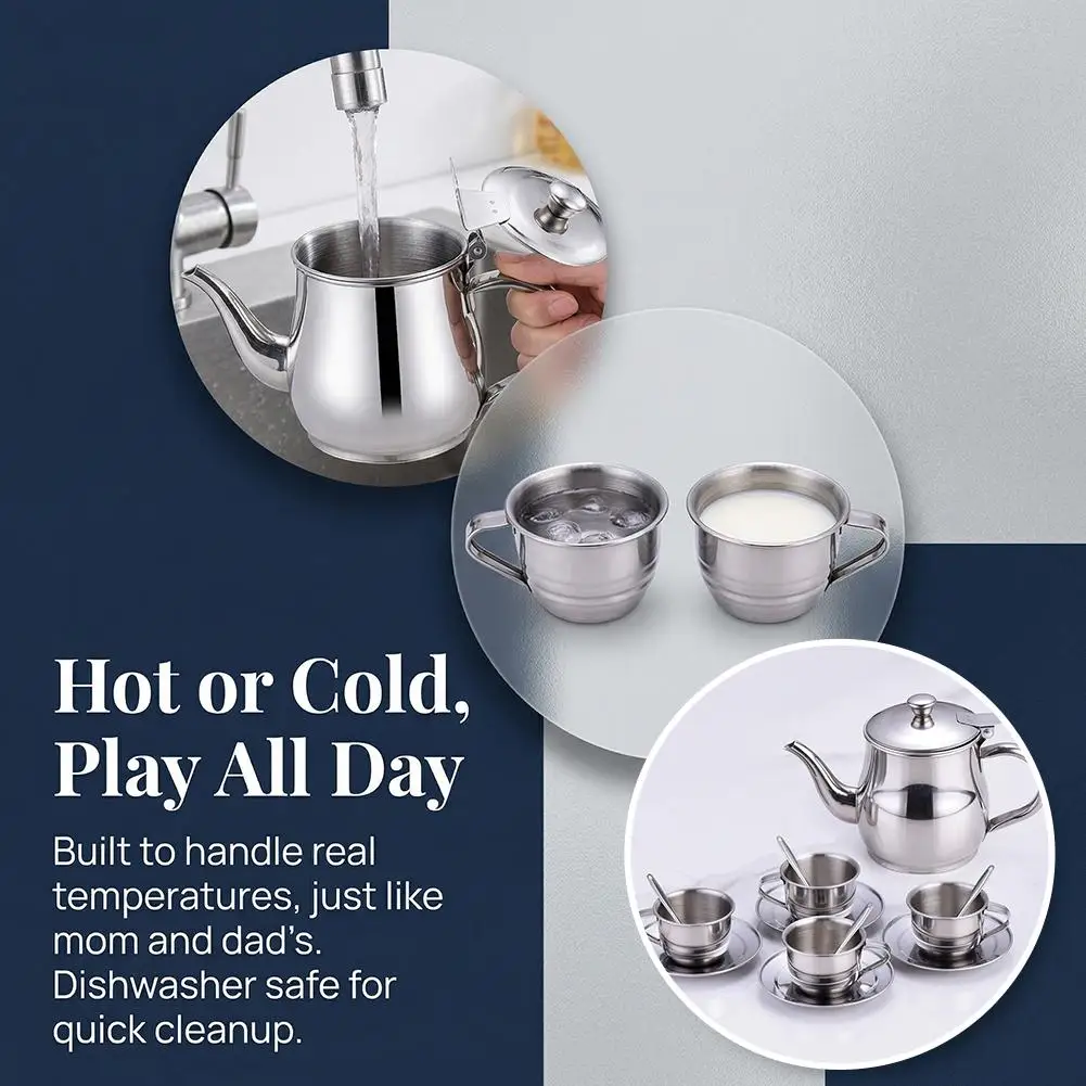 Kids Stainless Steel Tea Set Pretend Play Kitchen Toy Heat Resistant Safe Teapot Cups for Boys Girls Preschool Learning view 3