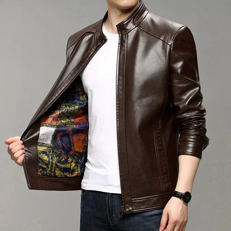 Autumn and Winter New Men's Leather Jacket Top Slim Soft Stand Collar Clothing