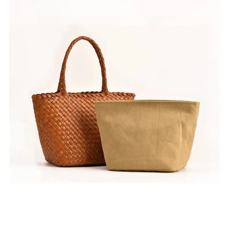 2024 Original New Head Layer Cowhide Woven Vegetable Basket Bag Retro Genuine Leather Handmade Handbags Fashion Mother Pack