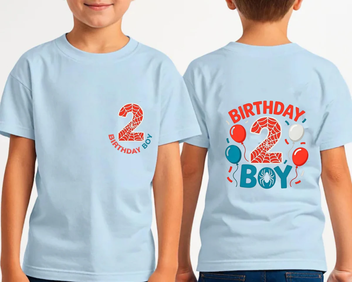 Personalized Name boys T-shirt, Funny front and back Red Spider Web Colorful Balloon  Birthday Number Print kids party T-shirt